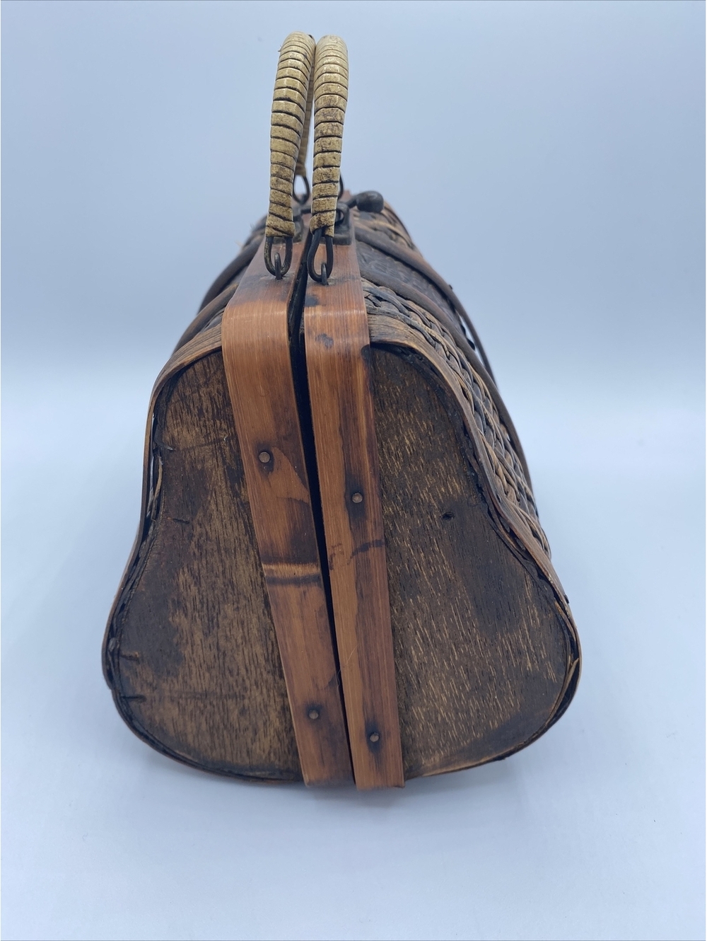 Wood and Woven Bamboo Purse with Faux Reptile Insert and and Brass Latch - Picture 2 of 13
